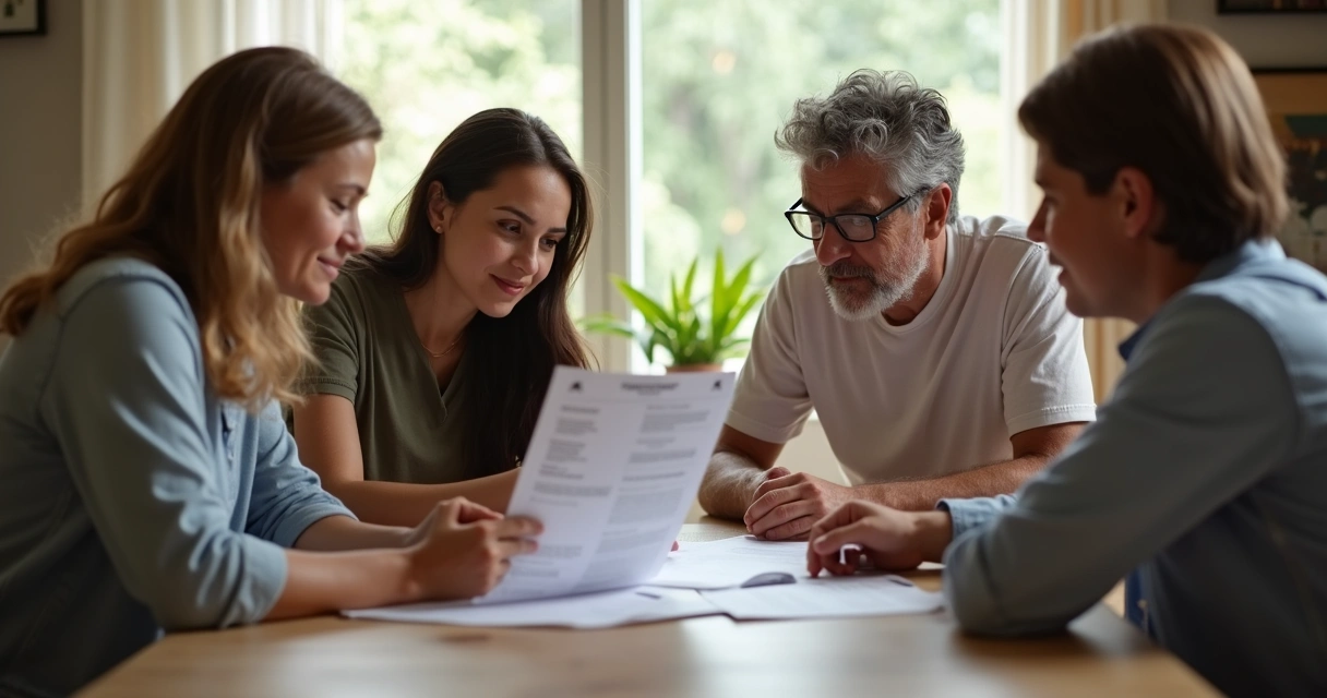 Família reunida consultando documentação de seguro de vida sobre câncer.