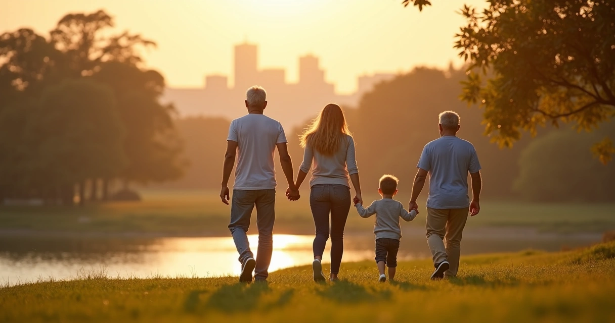 Família caminhando ao pôr do sol simbolizando proteção do seguro de vida 