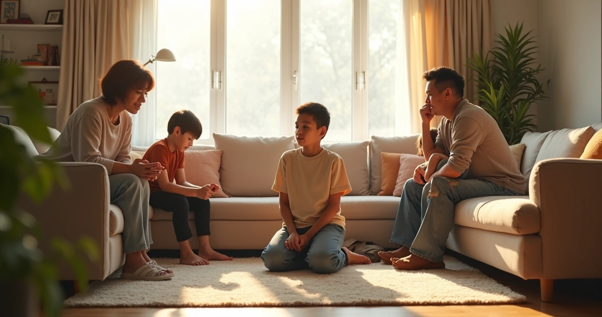 Família em sala de estar dividida em três cenas sutis representando os selfs 1, 2 e 3 