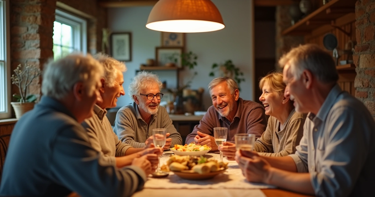 Família sentada à mesa interagindo sem celulares presentes 
