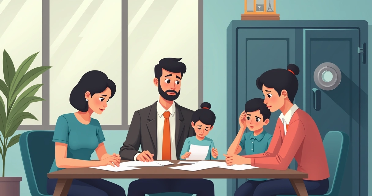 Família preocupada em volta de mesa analisando documentos sem acessar dinheiro 