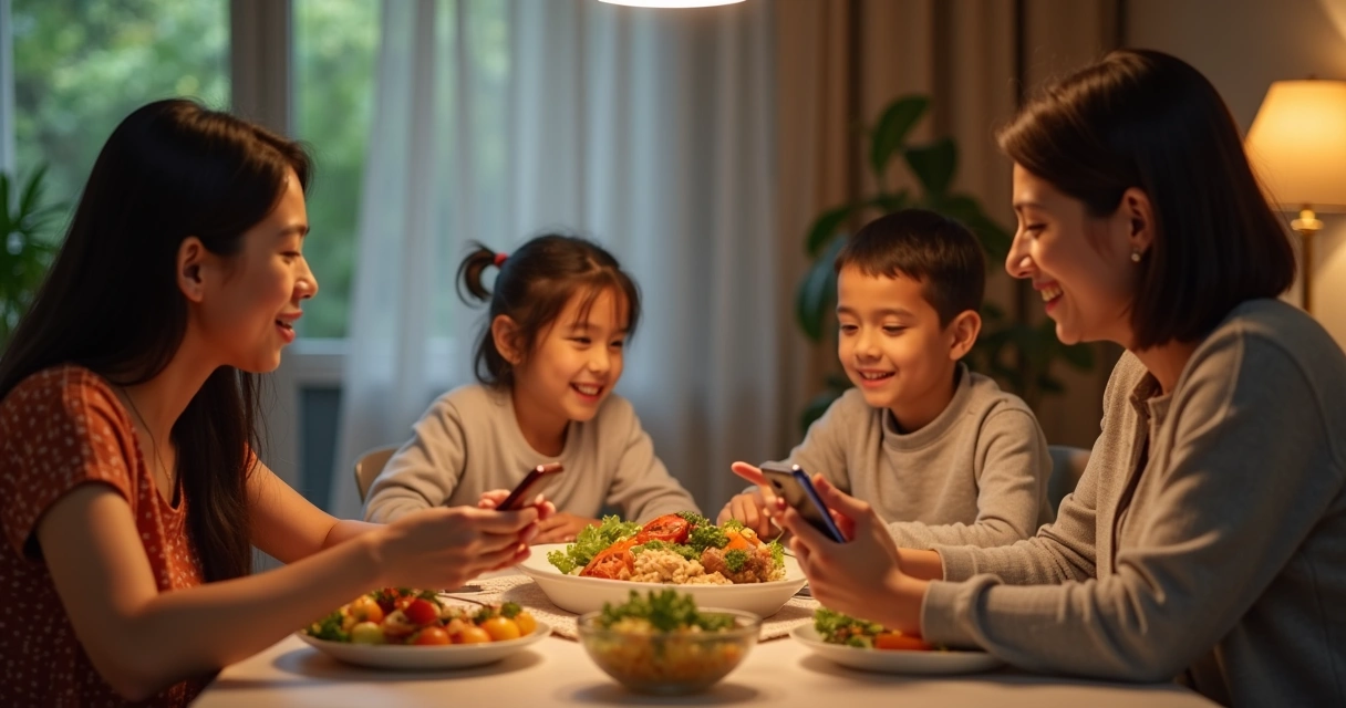Família conversando à mesa sem celulares
