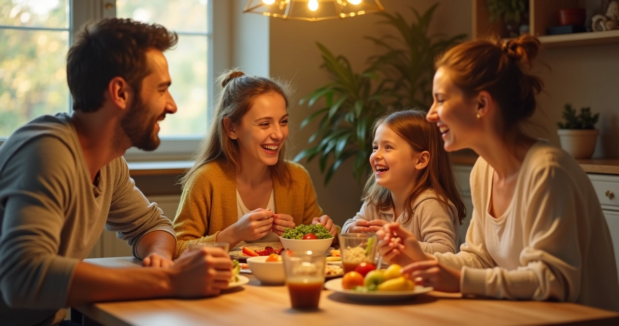 Familia sentada en la mesa compartiendo una cena y riendo 
