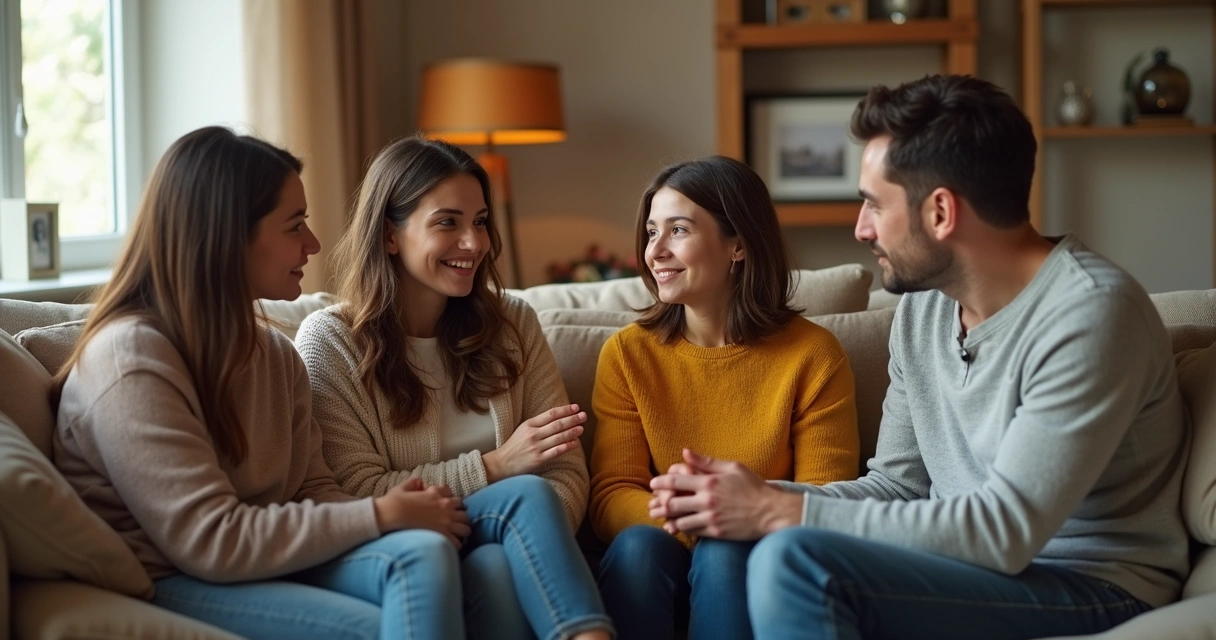 Família sentada em roda conversando em casa 