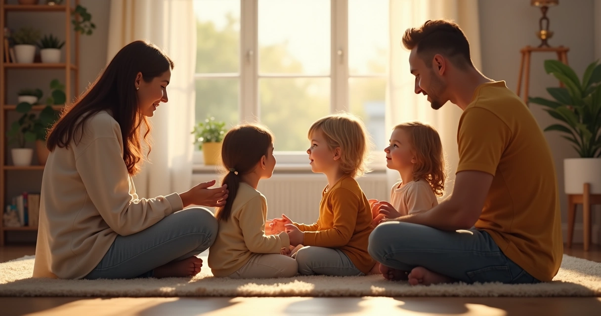 Padres y dos hijos sentados en círculo dialogando en sala de estar 