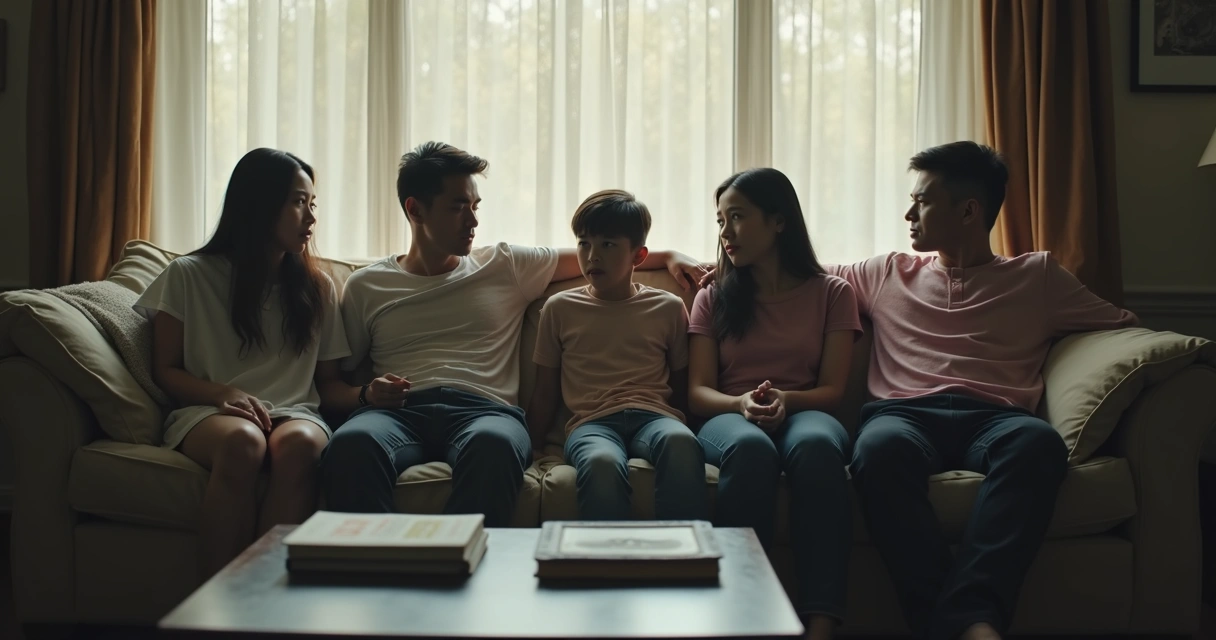 Família sentada em silêncio na sala de estar 