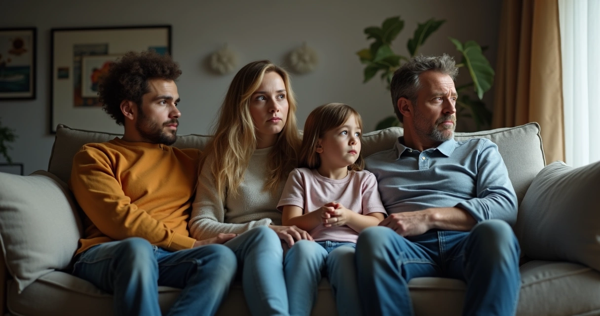 Família sentada junta em silêncio na sala de estar