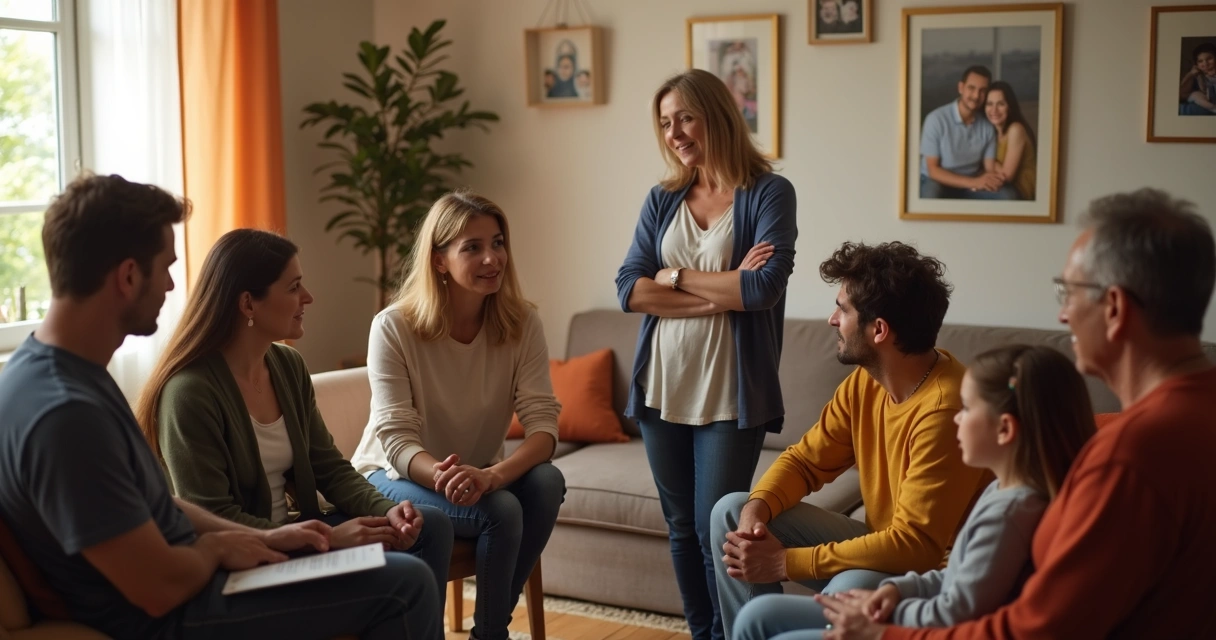 Familia sentada en círculo participando en dinámica grupal
