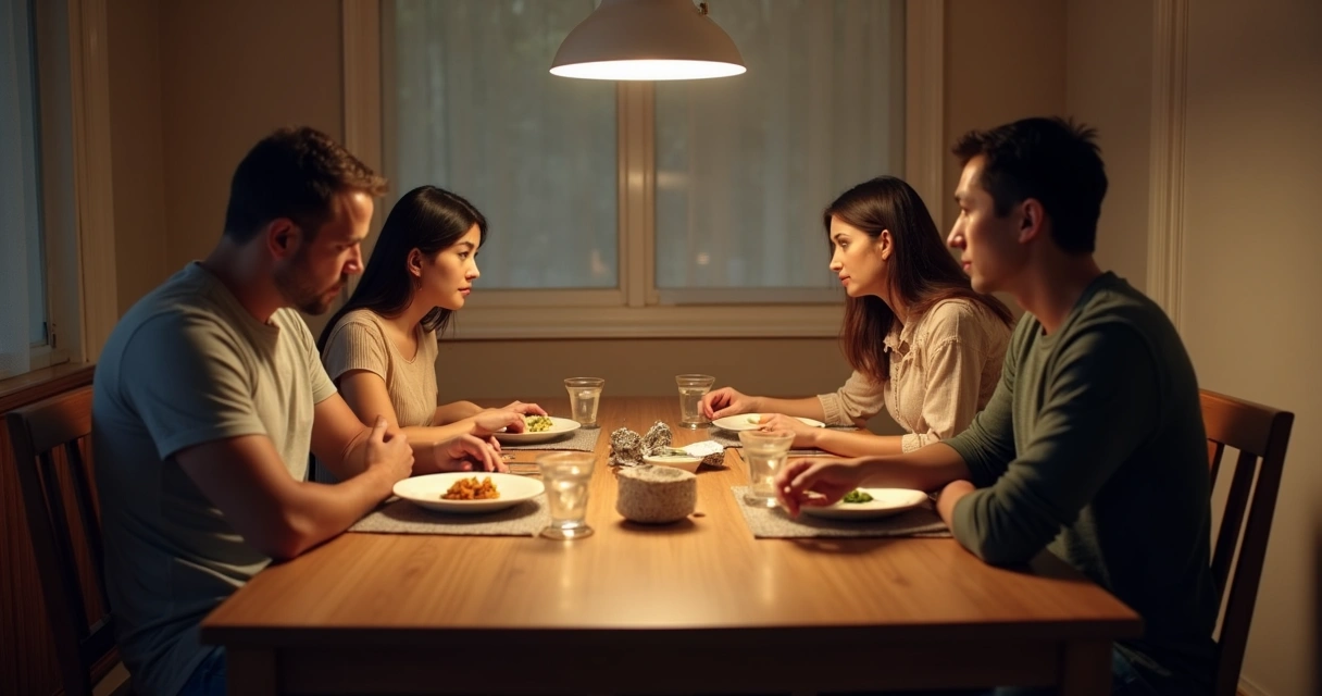 Família jantando em silêncio ao redor de uma mesa de madeira