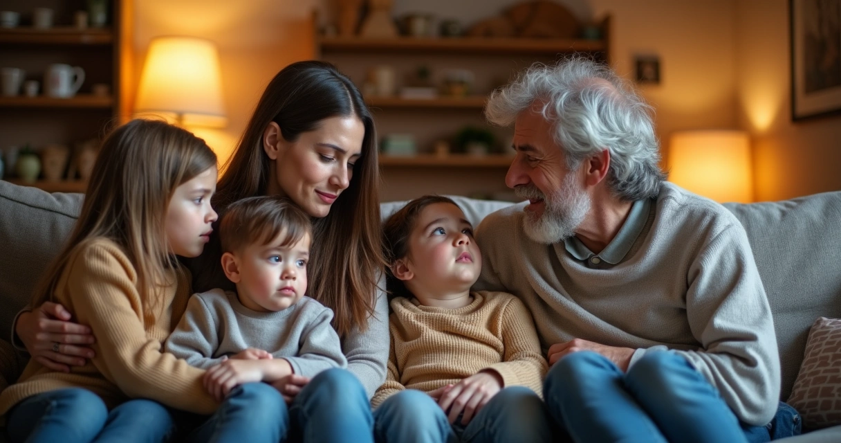 Família sentada junta no sofá, conversando