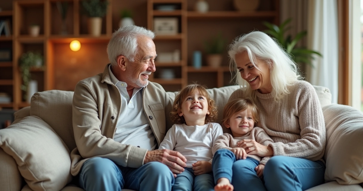 Família sentada junta no sofá