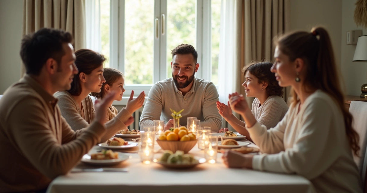 Família sentada à mesa dialogando de forma calma