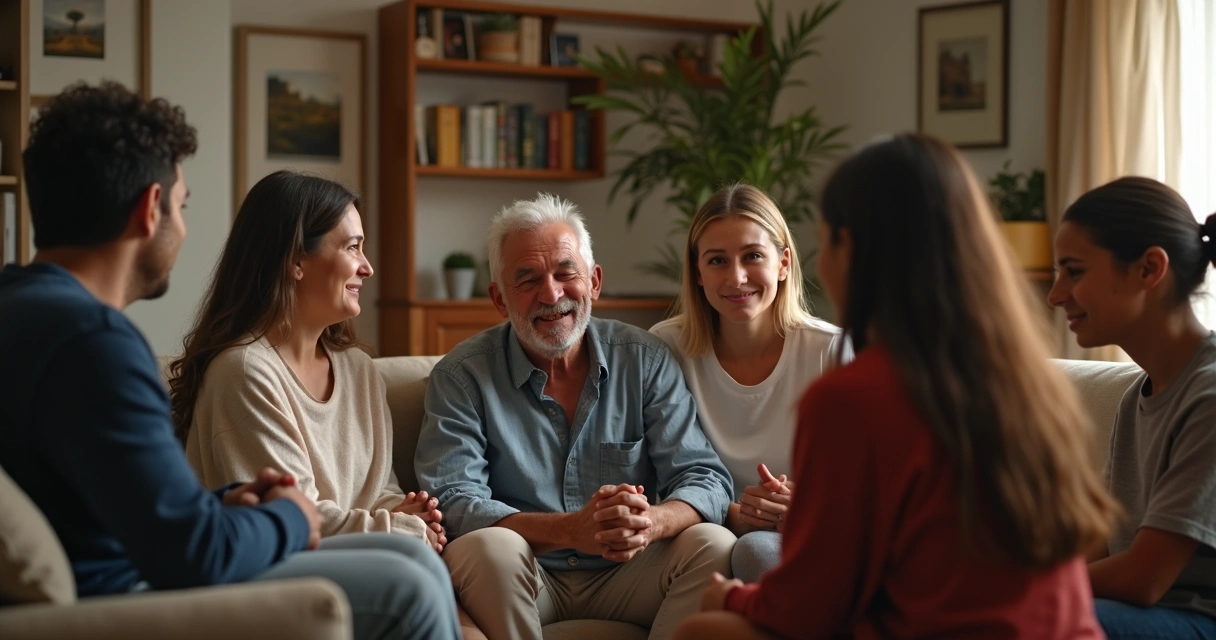 Família sentada em círculo conversando na sala