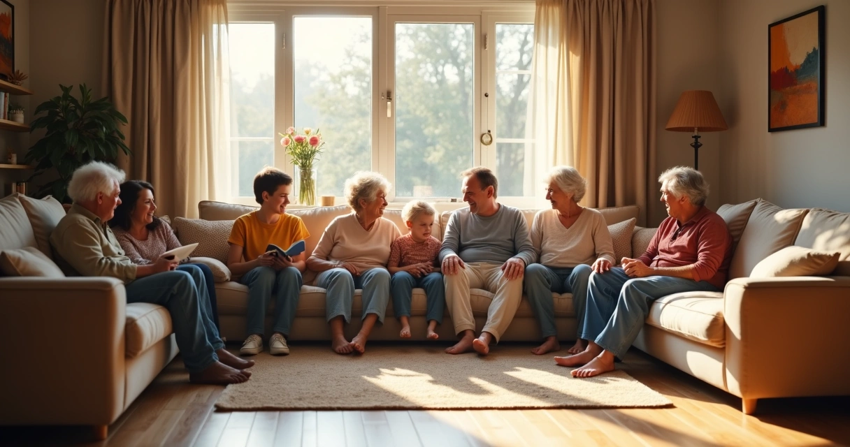 Família de várias gerações sentada junta em uma sala, conversando em clima acolhedor