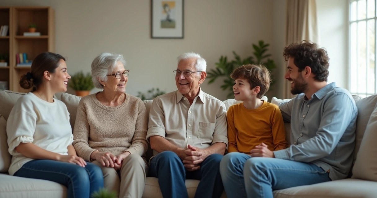Família sentada no sofá, envolvida em conversa atenta e respeitosa 