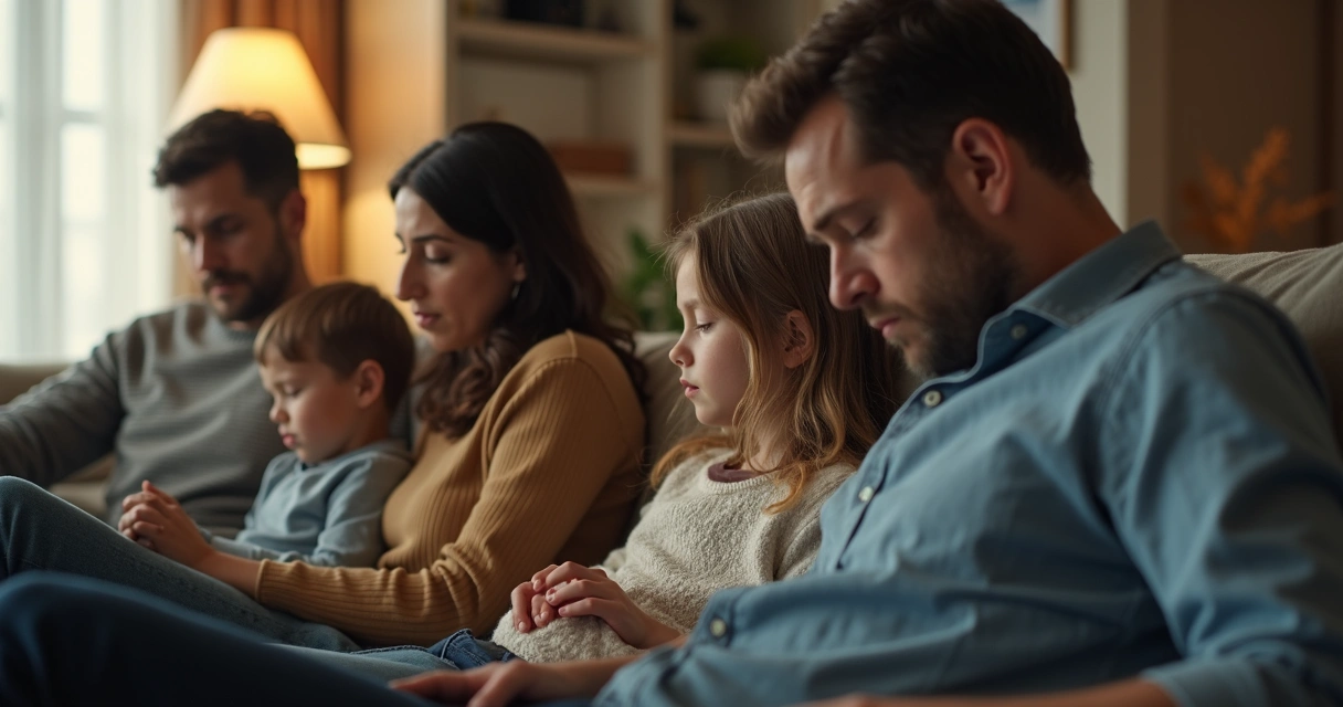Família sentada reunida em um sofá olhando para baixo, sugerindo tensão 