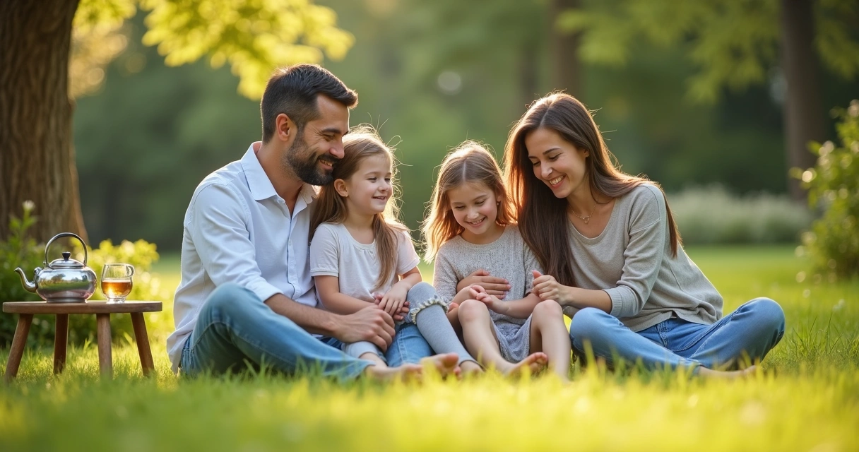Família reunida sentada no quintal em clima de paz