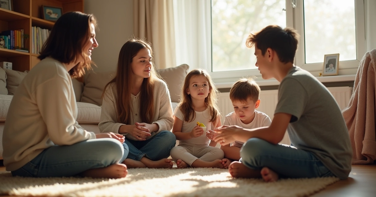 Familia sentada en una sala conversando después de una discusión 