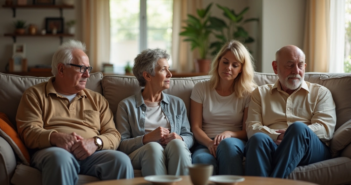 Família sentada em silêncio em uma sala de estar, cada membro olhando para um lado 