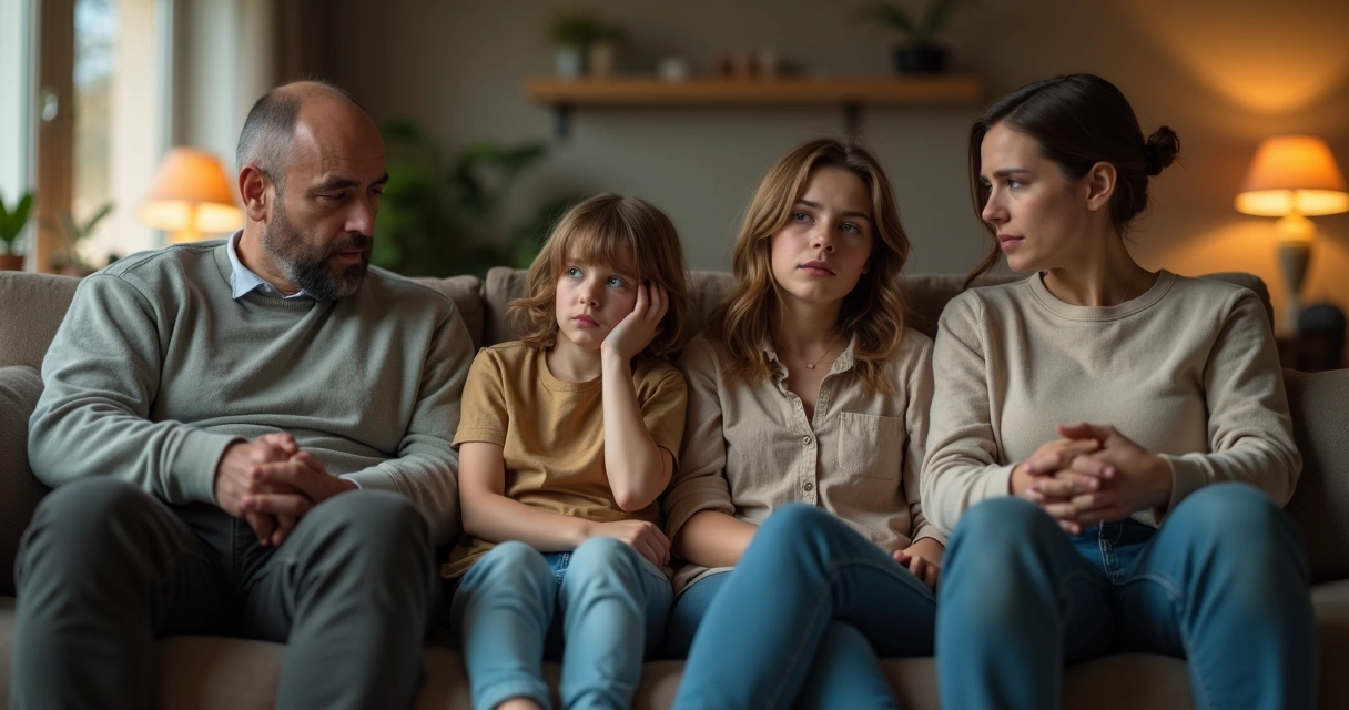 Familia sentada en la sala en silencio 