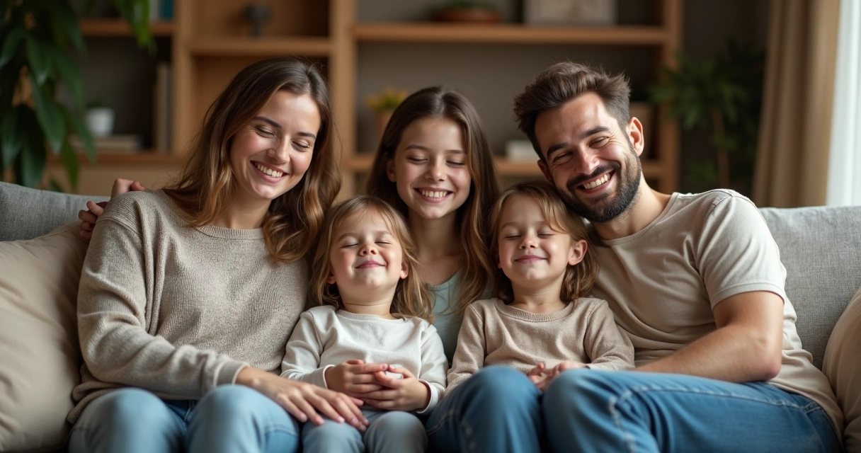 Família sentada de olhos fechados em silêncio coletivo no sofá 