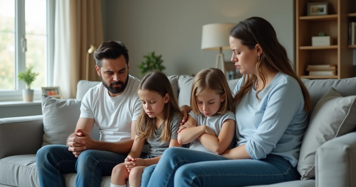 Familia sentada en silencio en el sofá con tensión emocional 