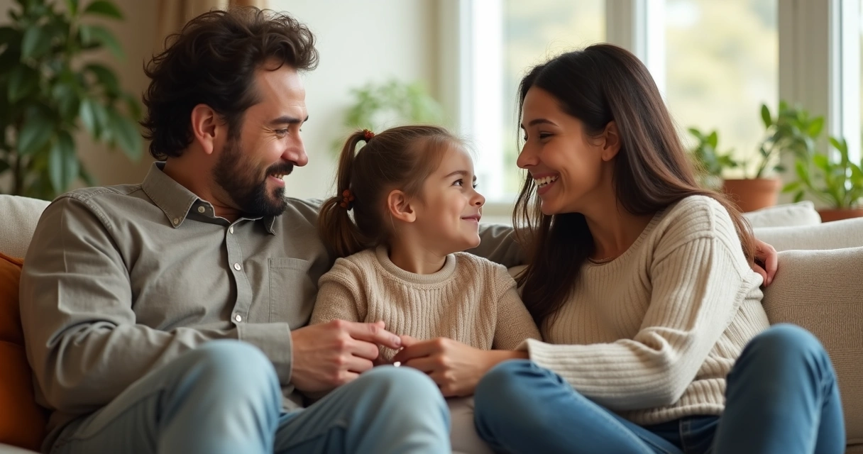 Familia sentada junta en un sofá, dialogando y mostrando gestos tranquilos y atentos 