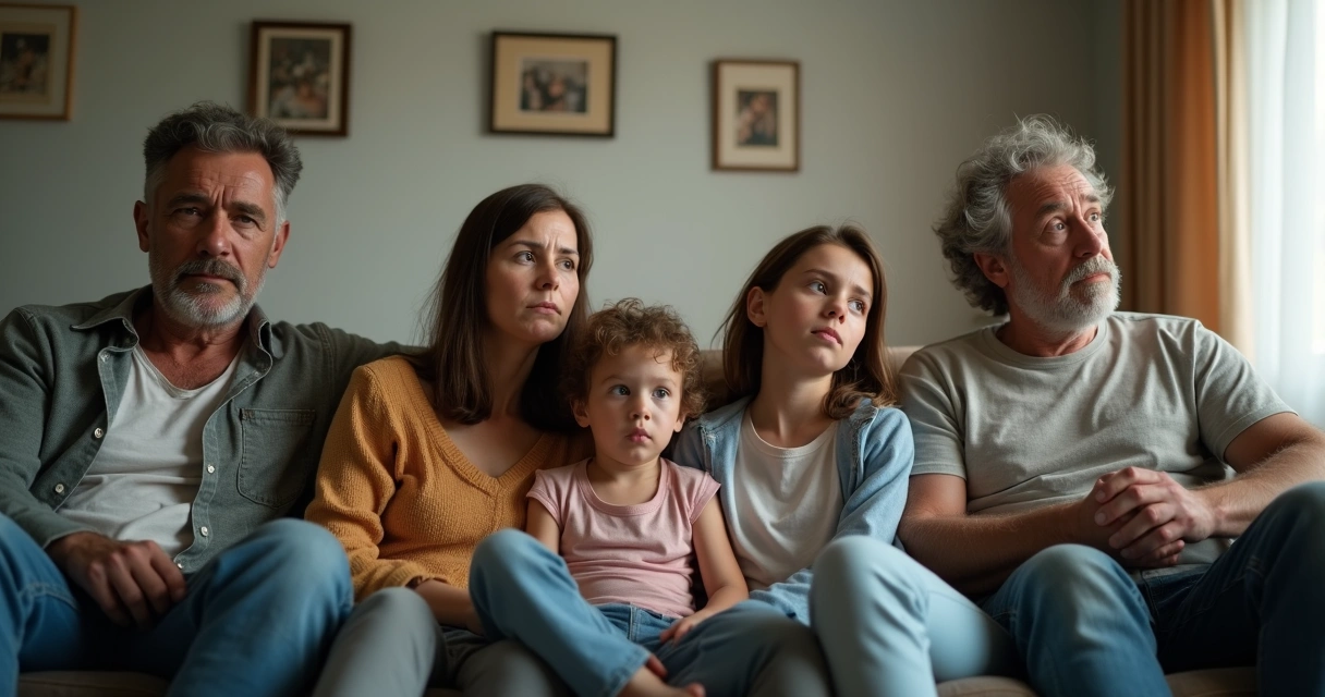 Família sentada no sofá em silêncio, olhando em direções diferentes.