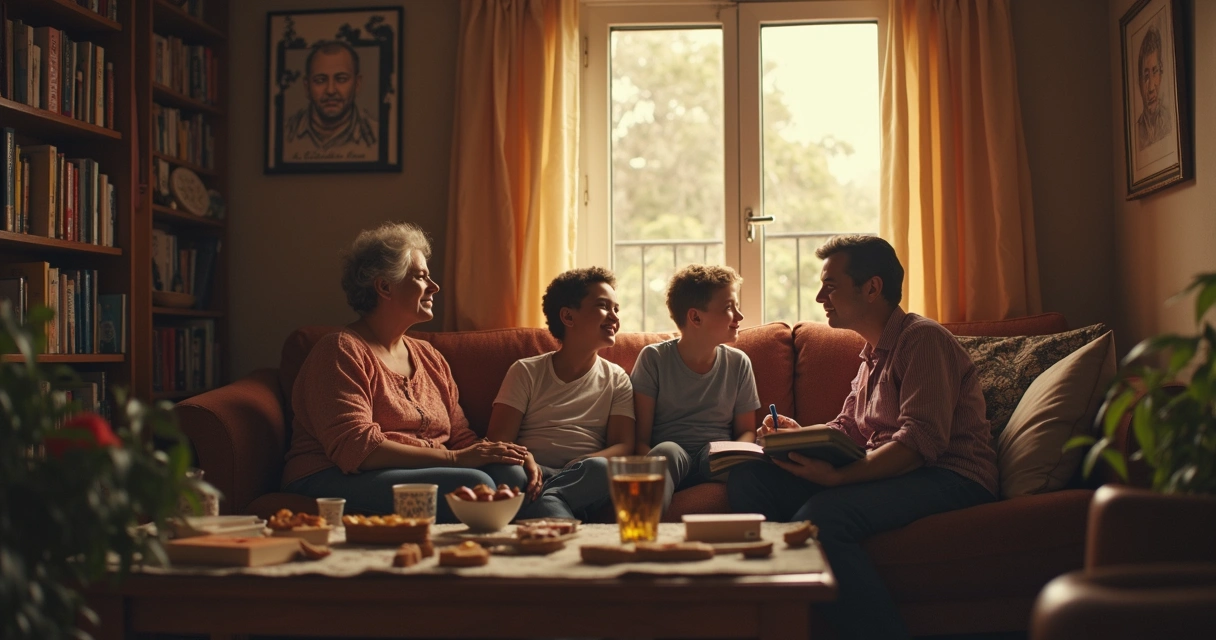 Família sentada no sofá conversando 