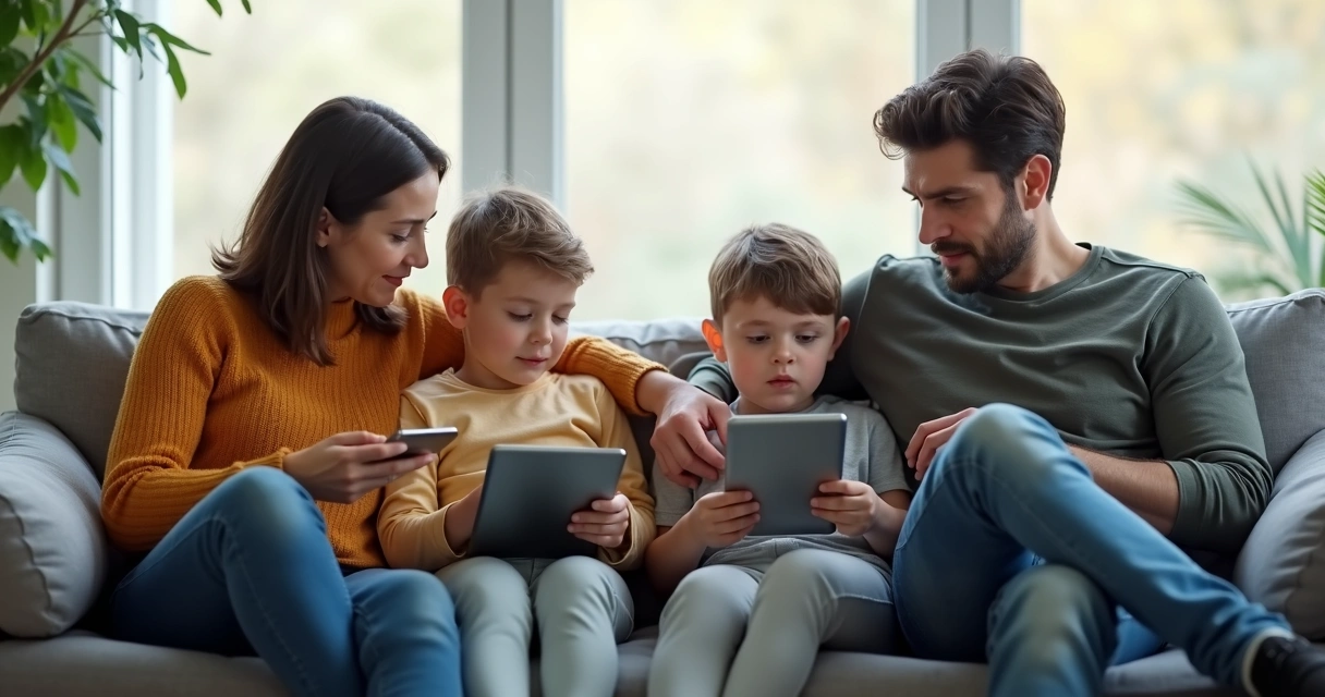 Família sentada no sofá, olhando para lugares diferentes. 