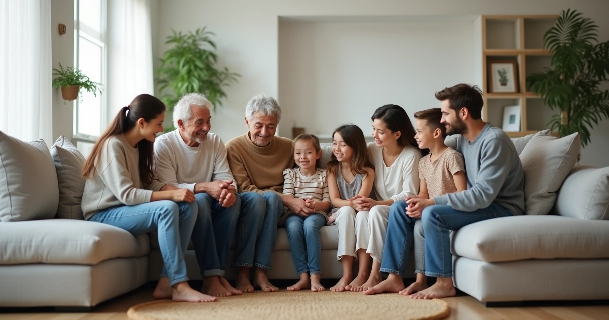 Família sentada no sofá em círculo de conexão e diálogo calmo 