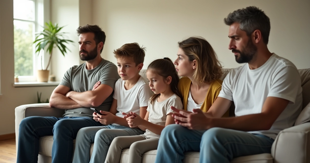 Família sentada no sofá com distância emocional e olhares desencontrados 