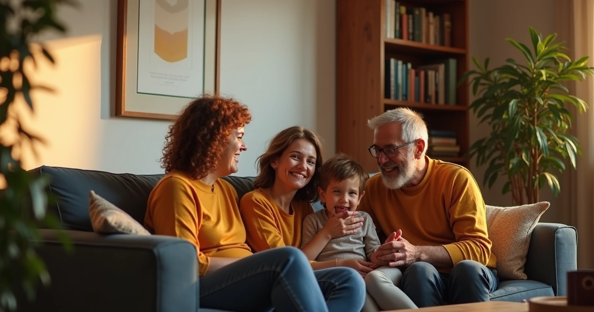 Família sentada no sofá sorrindo 