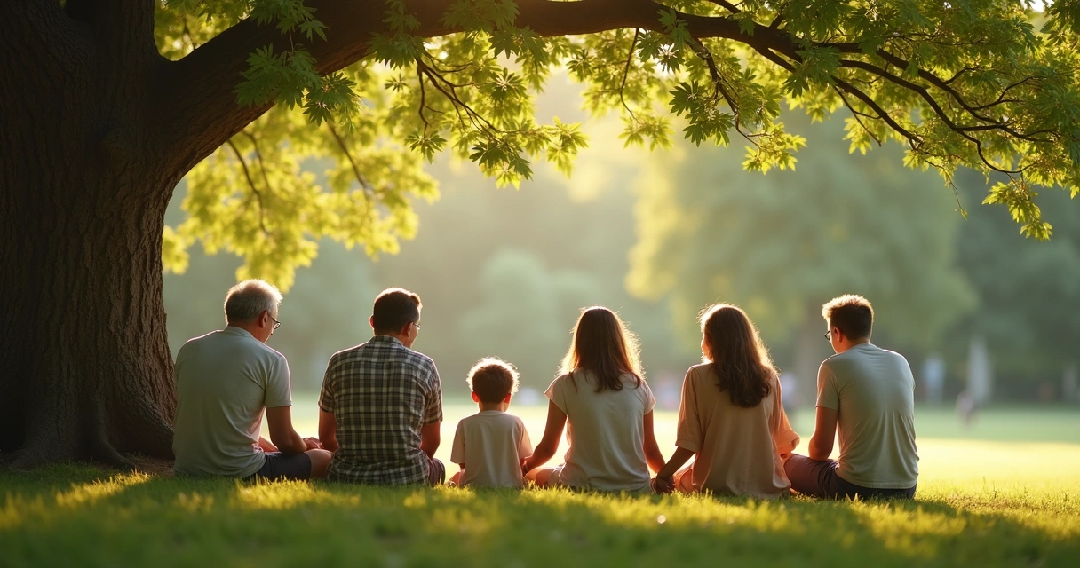 Família sentados ao redor de uma árvore grande em um parque 