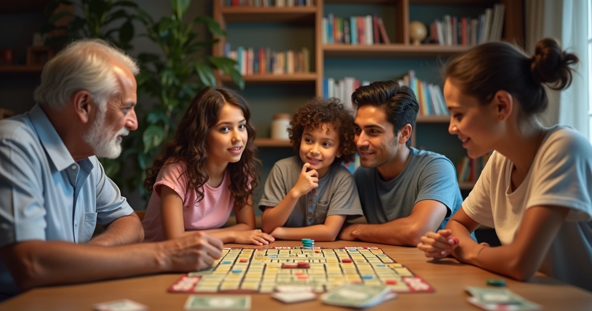 Família sentados à mesa jogando um jogo de tabuleiro com dinheiro falso 