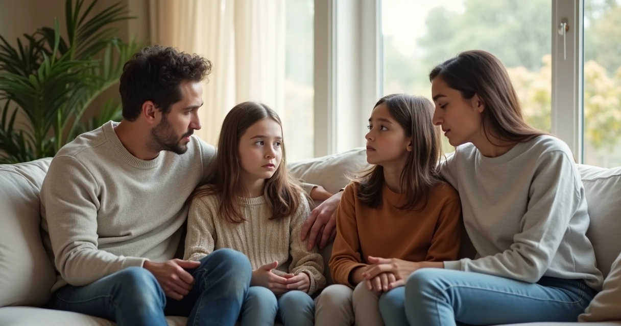Familia sentados en el sofá teniendo una conversación seria