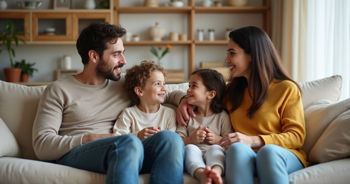Família sentados no sofá conversando entre si