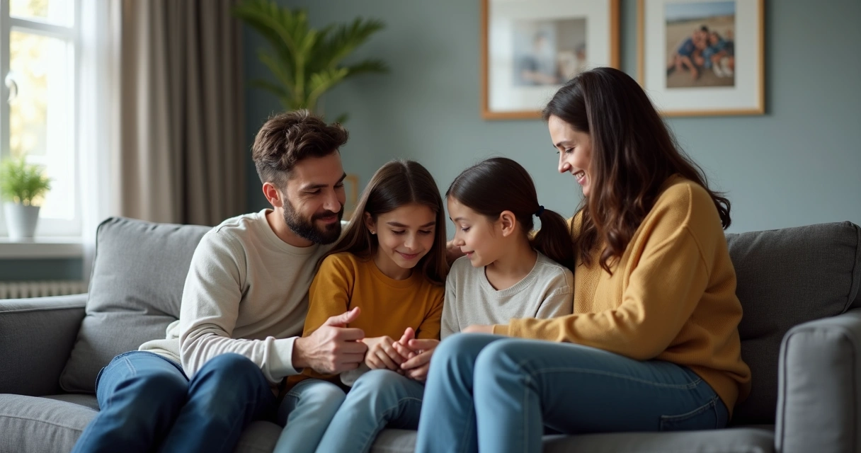Família sentada no sofá tomando decisão coletiva 