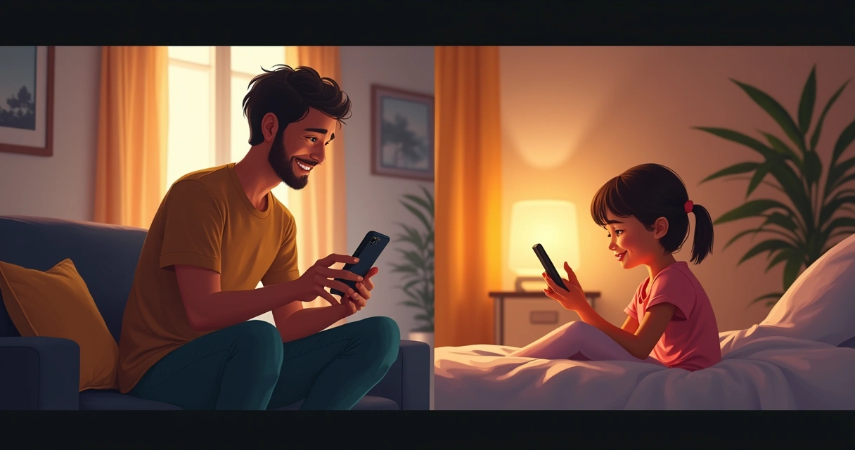 Pai e filha separados ouvindo a mesma história por app em lugares diferentes 