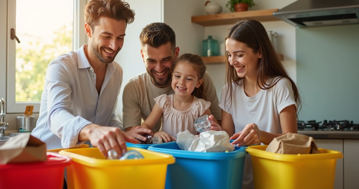 Familia en la cocina separando la basura para reciclar 