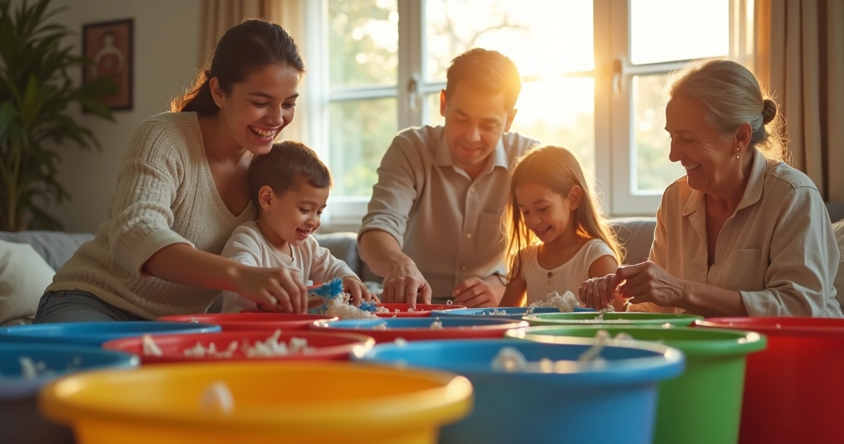 Família feliz separando recicláveis em casa, sorrindo para a tarefa