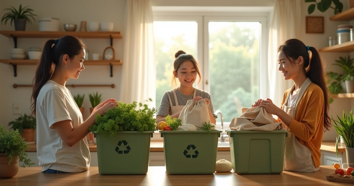 Família separando recicláveis na cozinha