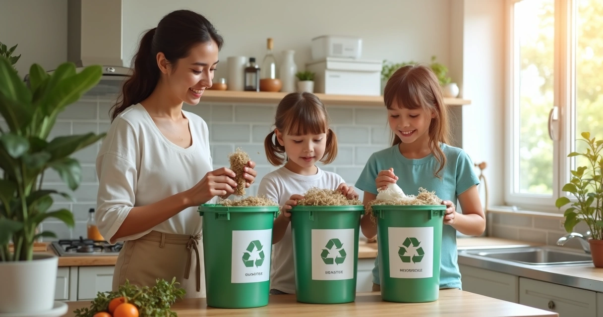 Família separando resíduos recicláveis em casa