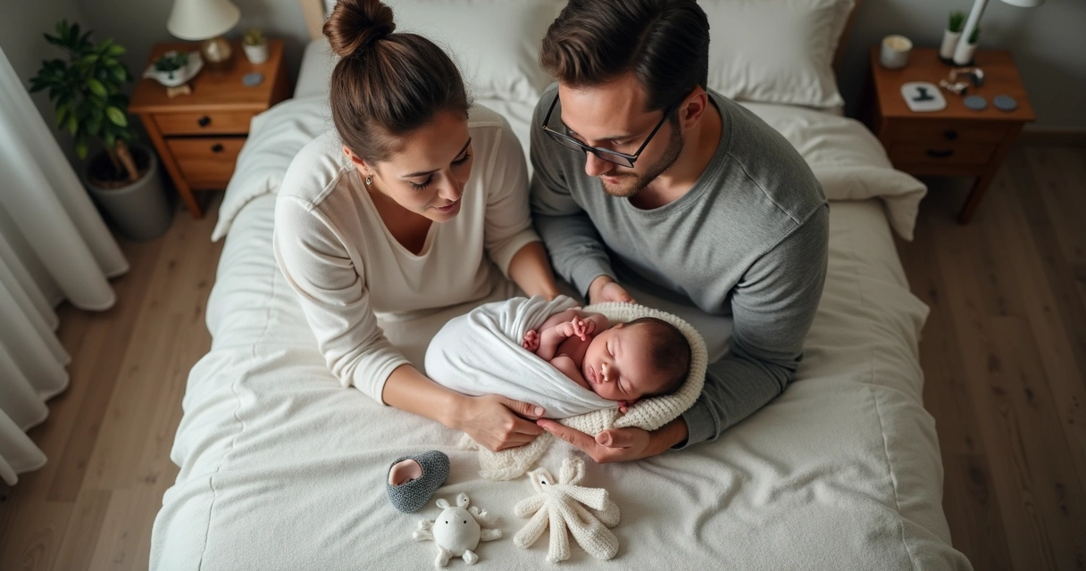 Pais participando de sessão fotográfica de recém-nascido 