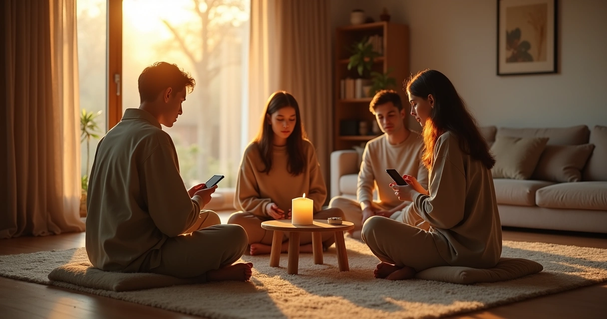 Família sentada em círculo na sala em silêncio coletivo ao entardecer 