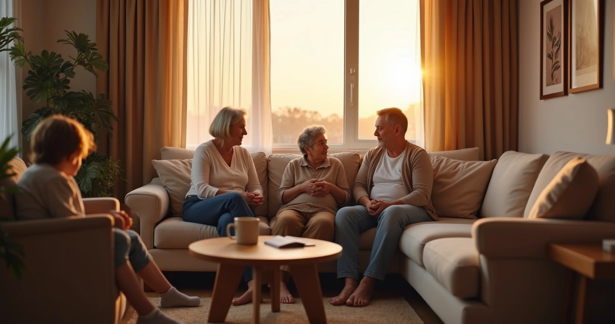 Família sentada em silêncio conectada em sala de estar iluminada ao entardecer 