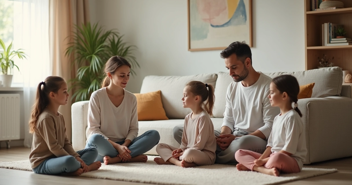 Família sentada em silêncio consciente na sala de estar iluminada 