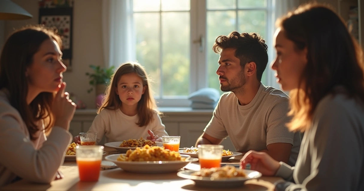 Familia sentada junta pero emocionalmente distanciada 