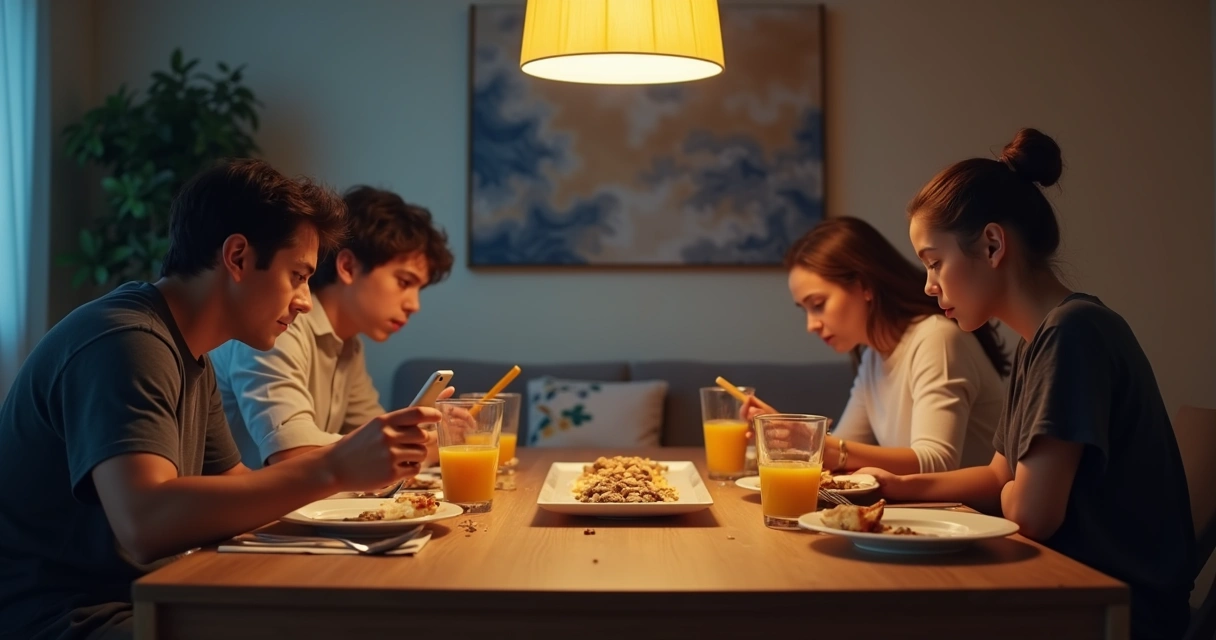 Quatro pessoas em uma família em silêncio sentadas à mesa de jantar 