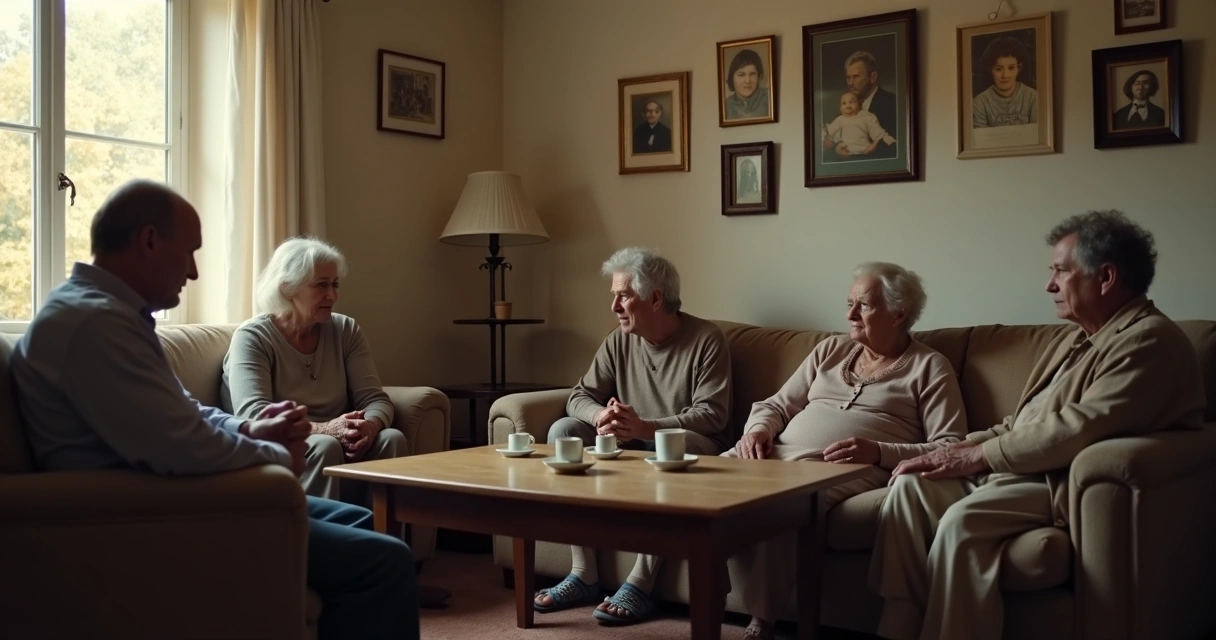 Família em silêncio em sala de estar